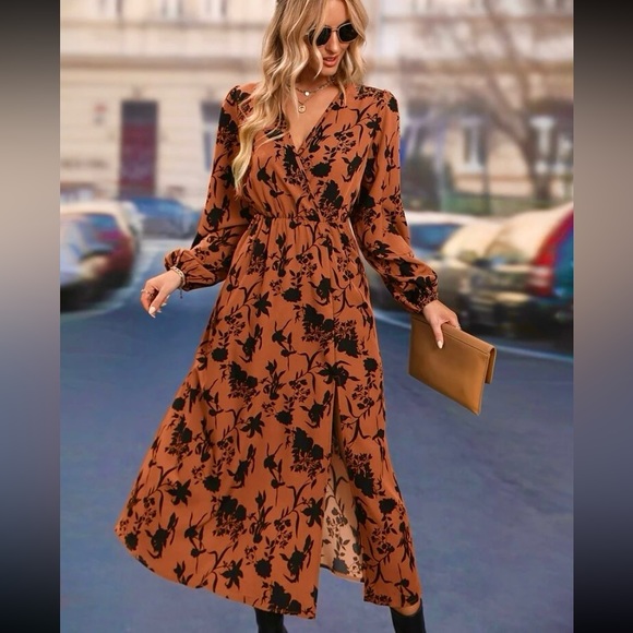 New Midi Floral Thigh Split Brown Orange Rust Color Mix Dress Surplice V Neck - Picture 4 of 16